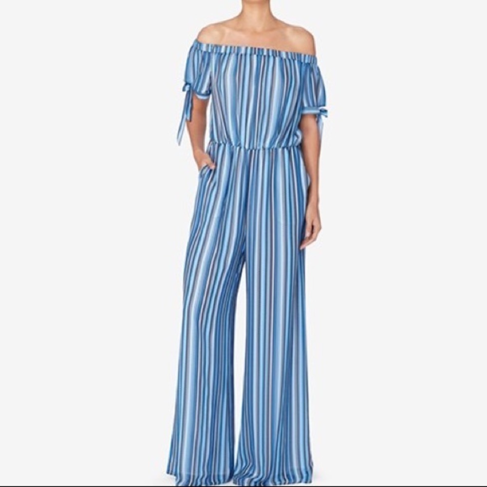 Catherine Malandrino Blue Striped Off-Shoulder Wide-Leg Jumpsuit